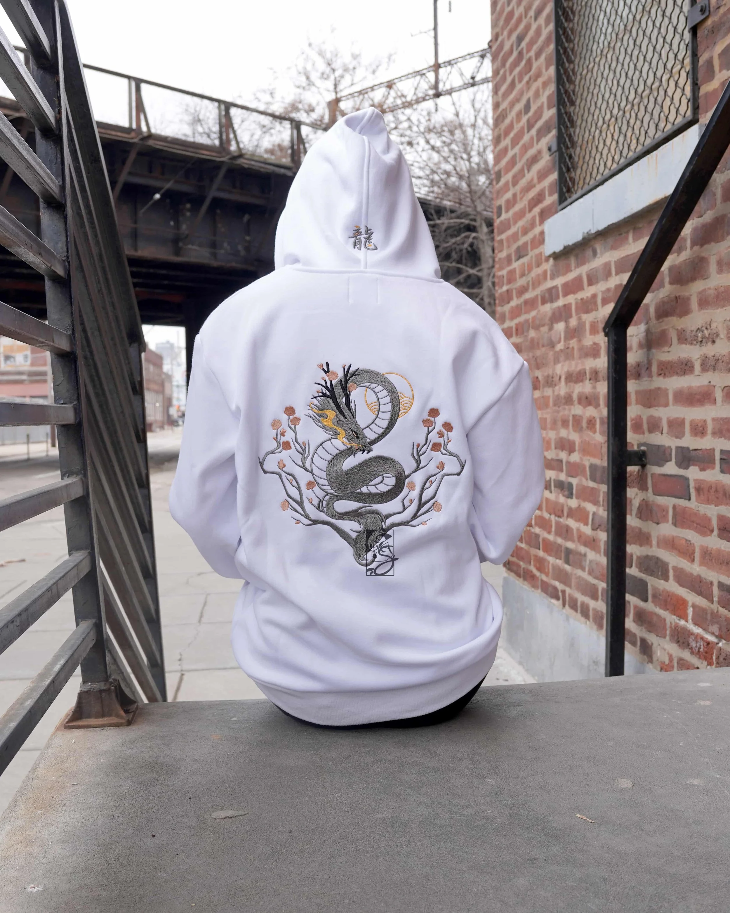 Year of the Dragon White Embroidered Hoodie | Saiyre Illustration